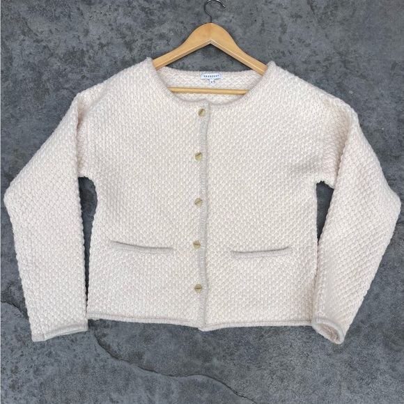 Crescent Cream Knit Cardigan Boucle Jacket in off-white button-front closure - Picture 5 of 9